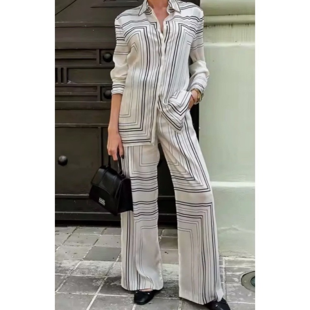 Zara Geometric Linear Print Wide Leg Trousers High Waisted Pants ZW Collection S